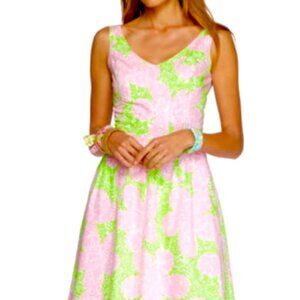 Lilly Pulitzer V-Neck Fit Flare Dress Womens 2 Pink Green Tropical Preppy Summer